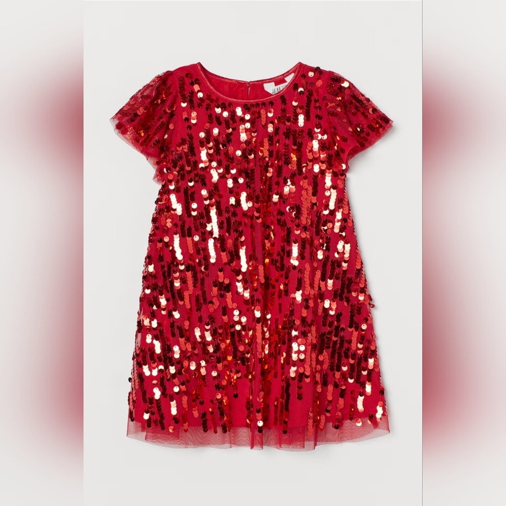 H&M Kid's size 6x Red Sequin Dress with Flutter Sleeves.